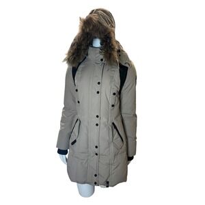 RUDSAK Women's Beige Fur Hooded Down Winter Parka Jacket Size SM Leather Detail